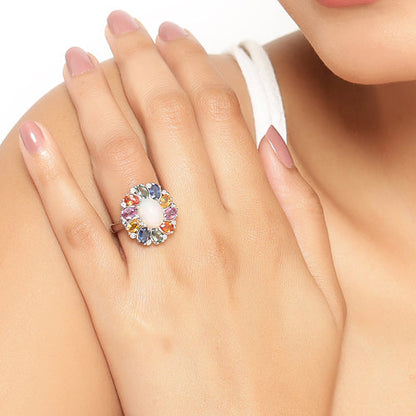 3.92 Carat Genuine Ethiopian Opal, Multi Sapphire and White Diamond .925 Sterling Silver Ring Bids.com