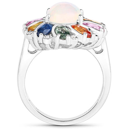 3.92 Carat Genuine Ethiopian Opal, Multi Sapphire and White Diamond .925 Sterling Silver Ring Bids.com