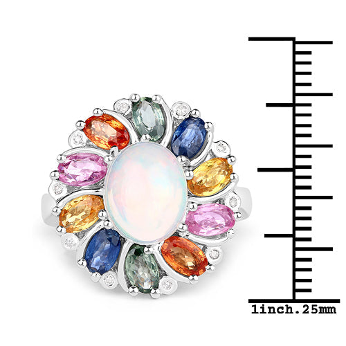 3.92 Carat Genuine Ethiopian Opal, Multi Sapphire and White Diamond .925 Sterling Silver Ring Bids.com