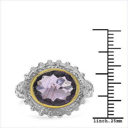 Two Tone Plated 4.36 Carat Genuine Amethyst & White Topaz .925 Sterling Silver Ring Bids.com