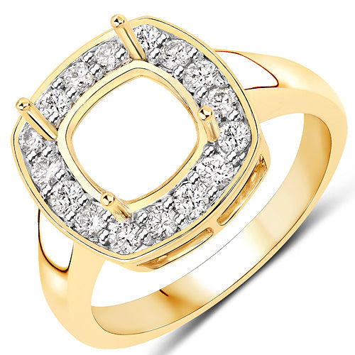 0.48 Carat Genuine White Diamond 14K Yellow Gold Semi Mount Ring - holds 8x8mm Cushion Gemstone Bids.com