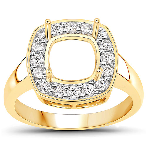 0.48 Carat Genuine White Diamond 14K Yellow Gold Semi Mount Ring - holds 8x8mm Cushion Gemstone Bids.com