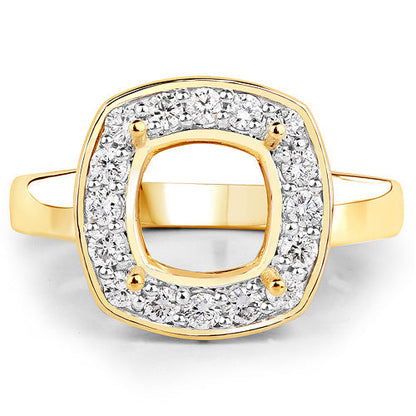 0.48 Carat Genuine White Diamond 14K Yellow Gold Semi Mount Ring - holds 8x8mm Cushion Gemstone Bids.com