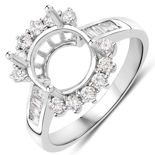 0.58 Carat Genuine White Diamond 14K White Gold Semi Mount Ring - holds 9.00mm Round Gemstone Bids.com