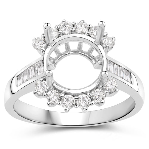 0.58 Carat Genuine White Diamond 14K White Gold Semi Mount Ring - holds 9.00mm Round Gemstone Bids.com