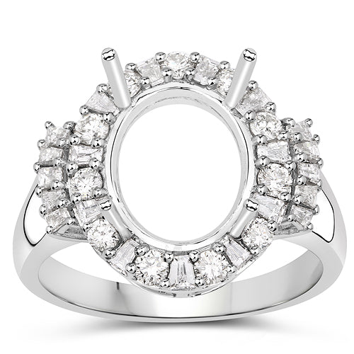 0.83 Carat Genuine White Diamond 14K White Gold Semi Mount Ring - holds 11x9mm Oval Gemstone Bids.com
