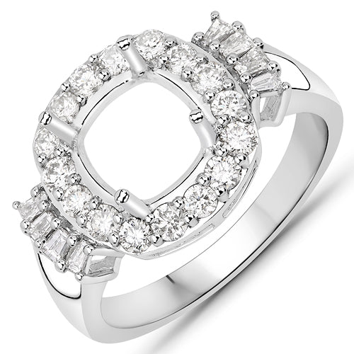 0.73 Carat Genuine White Diamond 14K White Gold Semi Mount Ring - holds 8x8mm Cushion Gemstone Bids.com