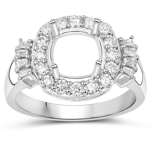 0.73 Carat Genuine White Diamond 14K White Gold Semi Mount Ring - holds 8x8mm Cushion Gemstone Bids.com