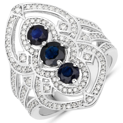 1.76 Carat Genuine Blue Sapphire and White Diamond .925 Sterling Silver Ring Bids.com
