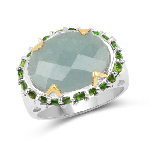 Two Tone Plated 9.12 Carat Genuine Milky Aquamarine and Chrome Diopside .925 Sterling Silver Ring Bids.com