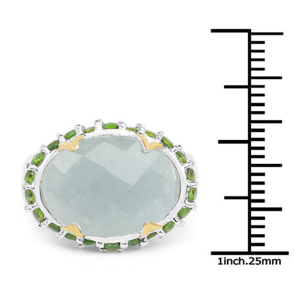 Two Tone Plated 9.12 Carat Genuine Milky Aquamarine and Chrome Diopside .925 Sterling Silver Ring Bids.com