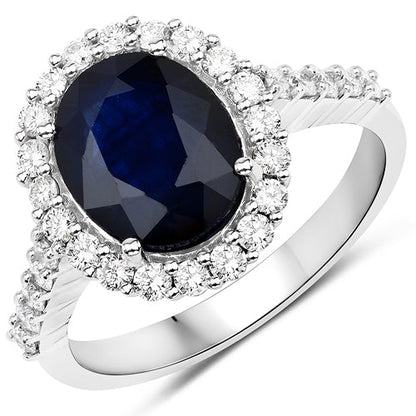 3.70 Carat Genuine Blue Sapphire and White Diamond 14K White Gold Ring Bids.com
