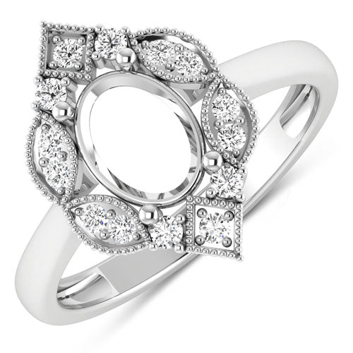 0.20 Carat Genuine White Diamond 14K White Gold Semi Mount Ring - holds 8x6mm Oval Gemstone Bids.com