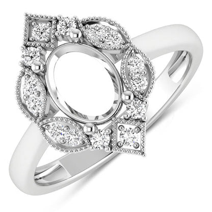 0.20 Carat Genuine White Diamond 14K White Gold Semi Mount Ring - holds 8x6mm Oval Gemstone Bids.com