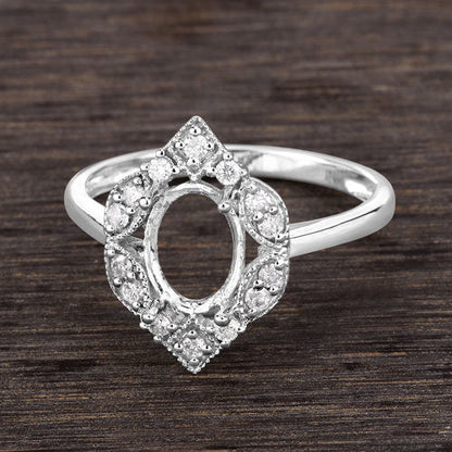 0.20 Carat Genuine White Diamond 14K White Gold Semi Mount Ring - holds 8x6mm Oval Gemstone Bids.com