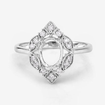 0.20 Carat Genuine White Diamond 14K White Gold Semi Mount Ring - holds 8x6mm Oval Gemstone Bids.com