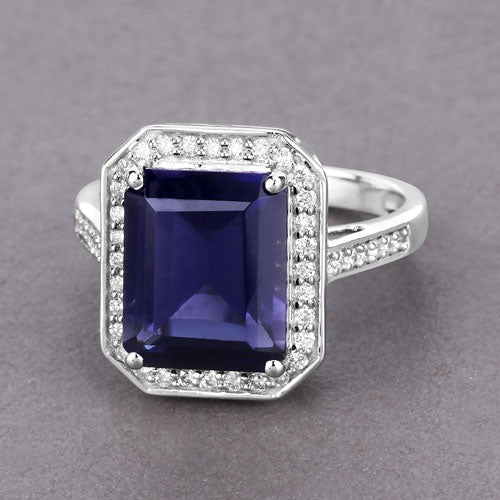 3.70 Carat Genuine Iolite and White Diamond 14K White Gold Ring Bids.com