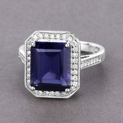 3.70 Carat Genuine Iolite and White Diamond 14K White Gold Ring Bids.com