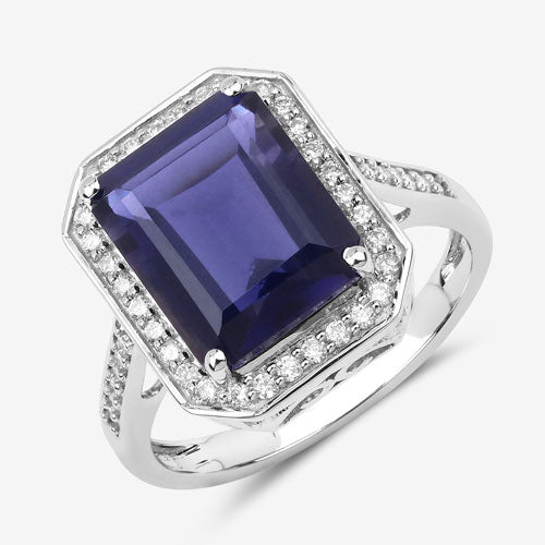 3.70 Carat Genuine Iolite and White Diamond 14K White Gold Ring Bids.com