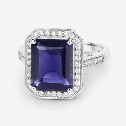3.70 Carat Genuine Iolite and White Diamond 14K White Gold Ring Bids.com