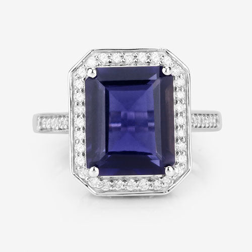 3.70 Carat Genuine Iolite and White Diamond 14K White Gold Ring Bids.com