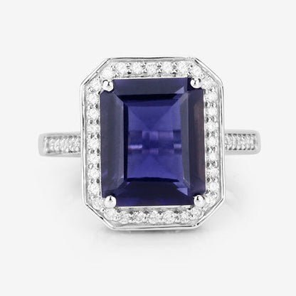 3.70 Carat Genuine Iolite and White Diamond 14K White Gold Ring Bids.com