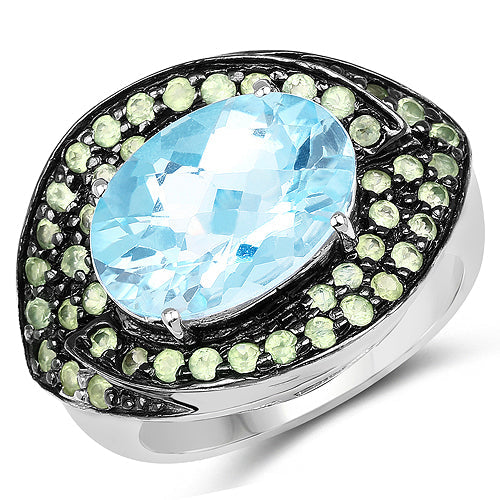 7.39 Carat Genuine Blue Topaz and Peridot .925 Sterling Silver Ring Bids.com