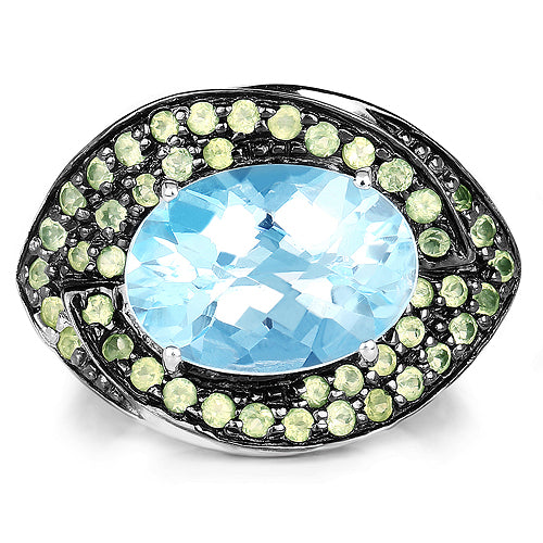 7.39 Carat Genuine Blue Topaz and Peridot .925 Sterling Silver Ring Bids.com