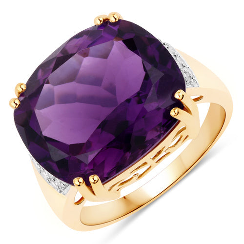 11.42 Carat Genuine Amethyst and White Diamond 14K Yellow Gold Ring Bids.com