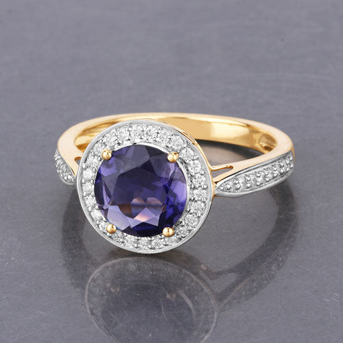 1.79 Carat Genuine Iolite and White Diamond 14K Yellow Gold Ring Bids.com