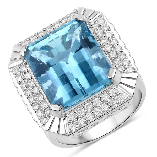 13.924 Carat Genuine Aquamarine and White Diamond 14K White Gold Ring Bids.com