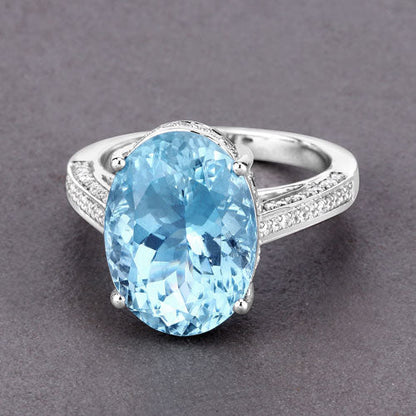 8.84 Carat Genuine Aquamarine and White Diamond 14K White Gold Ring Bids.com