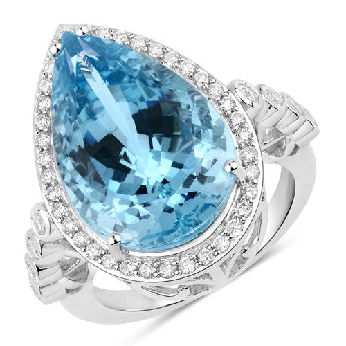 13.42 Carat Genuine Aquamarine and White Diamond 14K White Gold Ring Bids.com