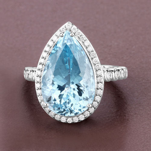 13.42 Carat Genuine Aquamarine and White Diamond 14K White Gold Ring Bids.com