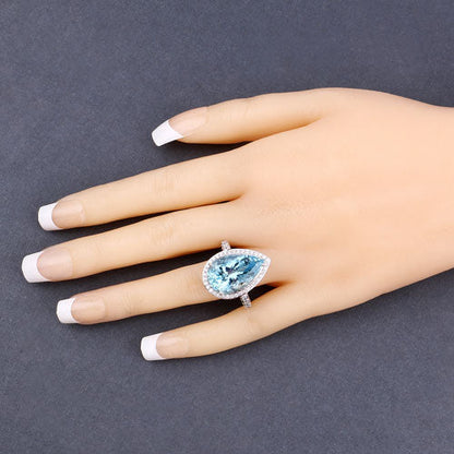 13.42 Carat Genuine Aquamarine and White Diamond 14K White Gold Ring Bids.com