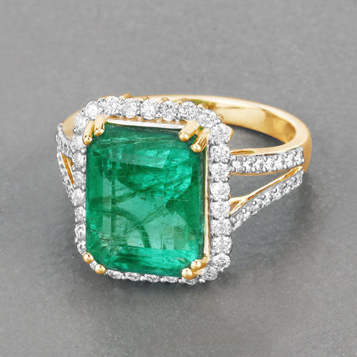 IGI Certified 6.96 Carat Genuine Zambian Emerald and White Diamond 14K Yellow Gold Ring Bids.com