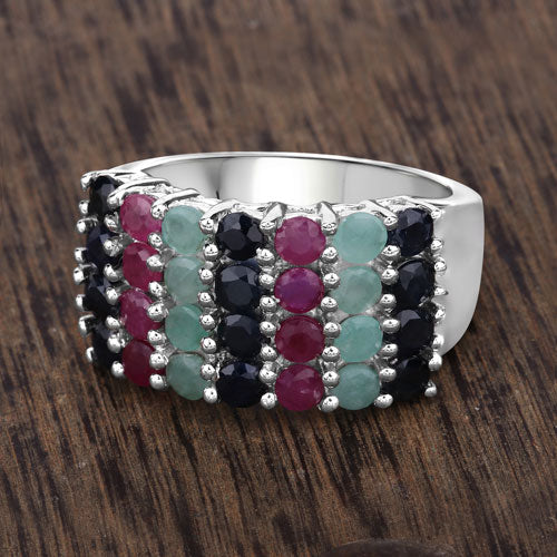 "3.40 Carat Genuine Emerald, Ruby and Black Sapphire .925 Sterling Silver Ring Bids.com
