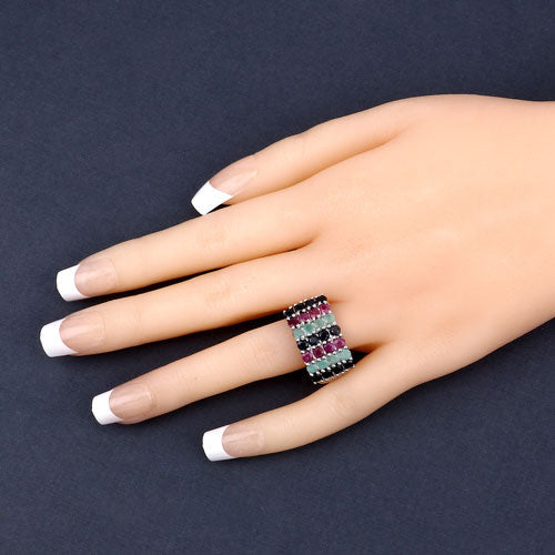 "3.40 Carat Genuine Emerald, Ruby and Black Sapphire .925 Sterling Silver Ring Bids.com