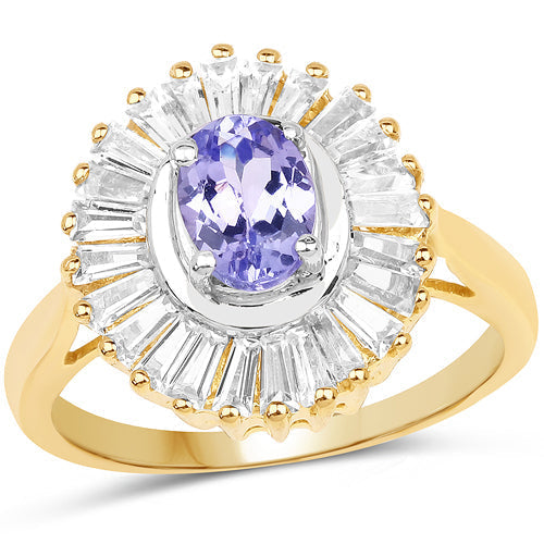 14K Yellow Gold Plated 2.16 Carat Genuine Tanzanite & White Topaz .925 Sterling Silver Ring Bids.com