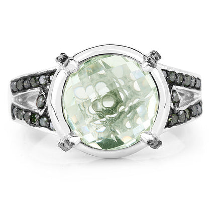 4.06 Carat Genuine Green Amethyst, Green Diamond & White Diamond .925 Sterling Silver Ring Bids.com