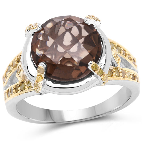 3.28 Carat Genuine Smoky Quartz and Yellow Diamond .925 Sterling Silver Ring Bids.com