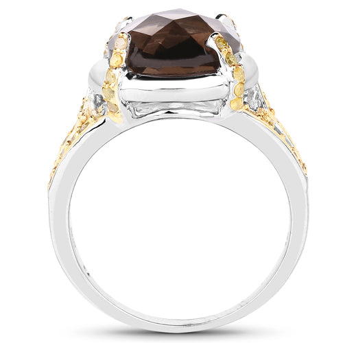 3.28 Carat Genuine Smoky Quartz and Yellow Diamond .925 Sterling Silver Ring Bids.com