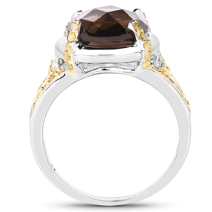 3.28 Carat Genuine Smoky Quartz and Yellow Diamond .925 Sterling Silver Ring Bids.com