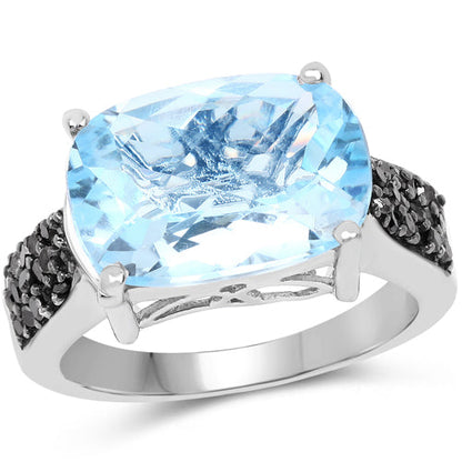 3.96 Carat Genuine Baby Swiss Blue Topaz and Black Diamond .925 Sterling Silver Ring Bids.com
