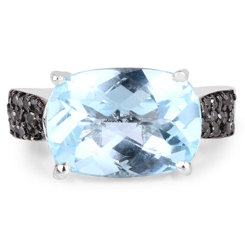 3.96 Carat Genuine Baby Swiss Blue Topaz and Black Diamond .925 Sterling Silver Ring Bids.com