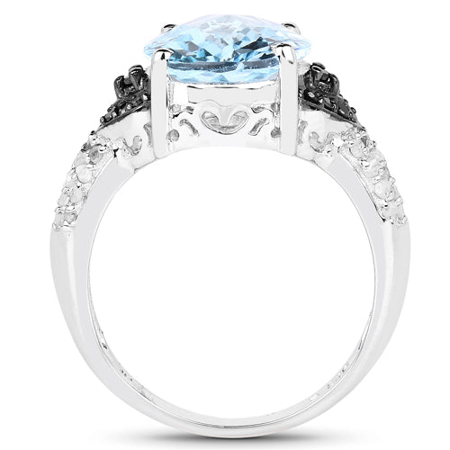 5.37 Carat Genuine Swiss Blue Topaz, Black Diamond & White Topaz .925 Sterling Silver Ring Bids.com