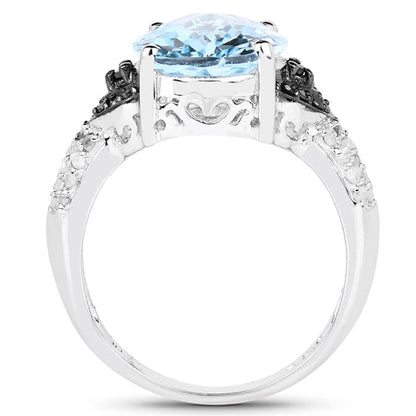 5.37 Carat Genuine Swiss Blue Topaz, Black Diamond & White Topaz .925 Sterling Silver Ring Bids.com