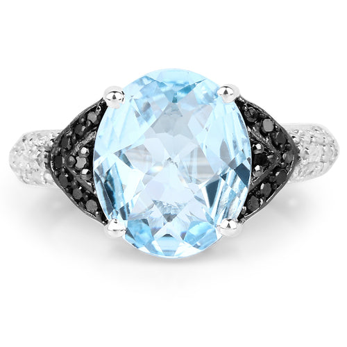 5.37 Carat Genuine Swiss Blue Topaz, Black Diamond & White Topaz .925 Sterling Silver Ring Bids.com
