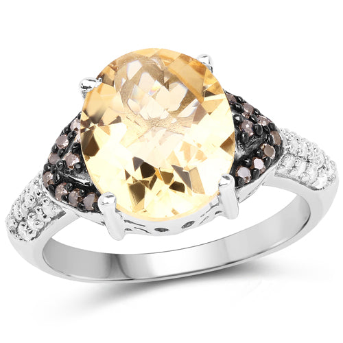 4.65 Carat Genuine Citrine, Champagne Diamond & White Diamond .925 Sterling Silver Ring Bids.com
