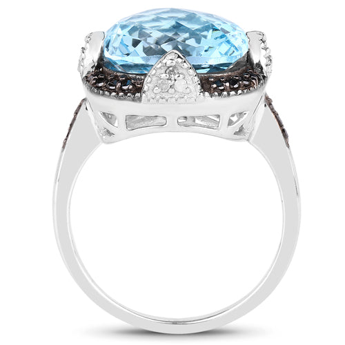 8.29 Carat Genuine Swiss Blue Topaz, Black Diamond & White Diamond .925 Sterling Silver Ring Bids.com